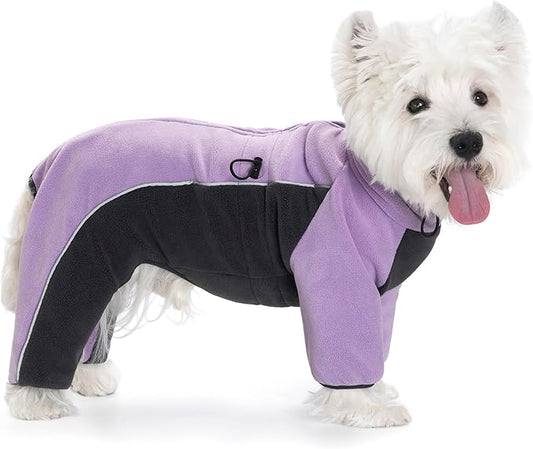 Fleece Dog Coat for Small Medium Dog,Pullover Pajamas Jumpsuit Bodysuit Puppy Coats with Legs, Pet Windproof Warm Cold Weather Jacket Full Body Vest Cozy Snowsuit Outfit Clothes (Purple, L)