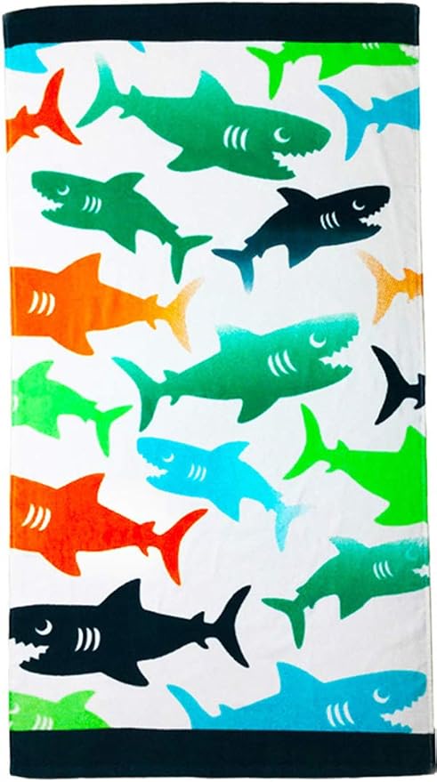 YIFONTIN Kids Beach Towel Super Soft Absorbent Cotton Velour Terry Blanket Throw 24"X48" for Bath Travel Camping Picnic Swimming Pool, Shark Group.