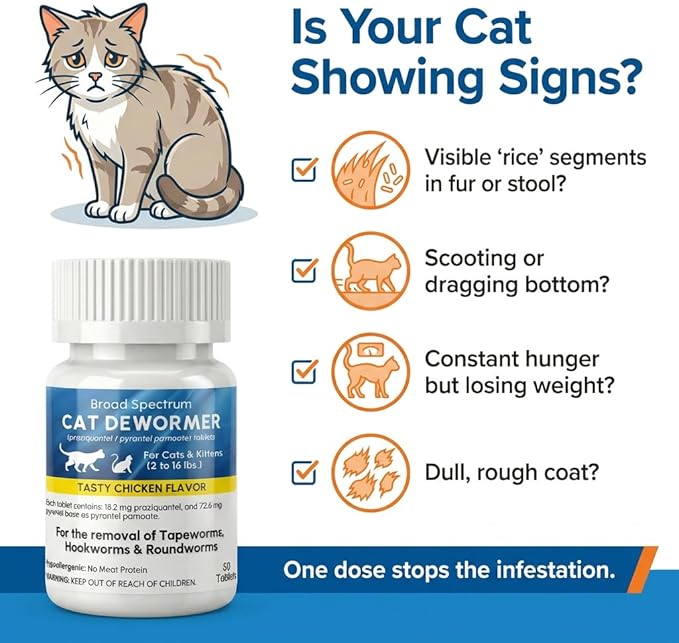 Broad Spectrum Dewormer for Cats and Kittens – Praziquantel and Pyrantel Pamoate Tablets – Removes Tapeworm, Roundworm & Hookworm – Fast Acting Formula (50 Tablets)