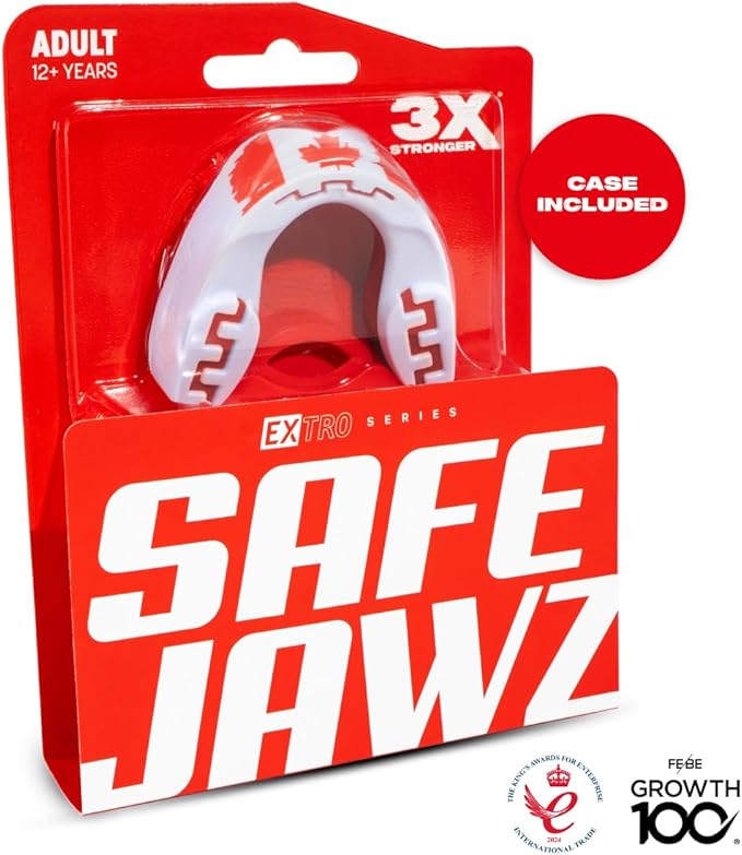 SAFEJAWZ Mouth Guard, Dual Layer Mouthguard for Youth with Case, Easy Fit Remoldable Mouthpiece for Football, Boxing, Lacrosse, MMA, Basketball & All Contact Sports (Kids <11 Years, Canada Flag)