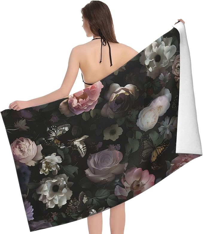 Dark Floral Butterfly Beach Towel Flower Sand-Free Microfiber Bath Towel Ultra Soft Quick Dry Pool Towel Absorbent Towel Lightweight Towel Gifts for Outdoor Bathroom Swimming Decor 31inx51in