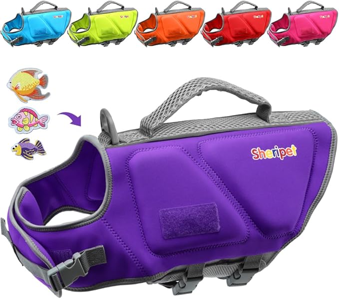 Dog Life Jacket for Medium Dogs, Good Visibility Reflective Dog Lifes Vest for Boating Swimming with Rescue Handle, Adjustable Pet High Flotation Swim Preserver Vest, Medium