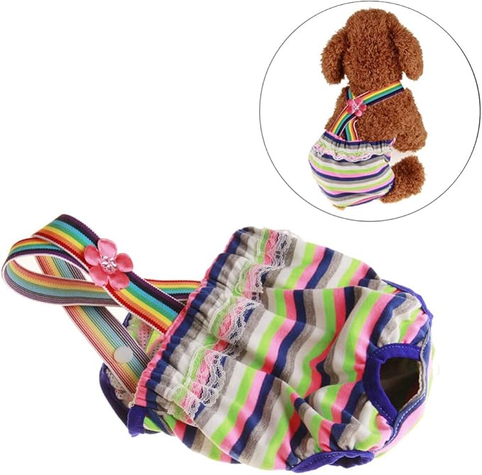 Mikikit Female Dog Diapers Dog Menstrual Pants Soft Cotton Striped Adorable Flower Straps Size XL