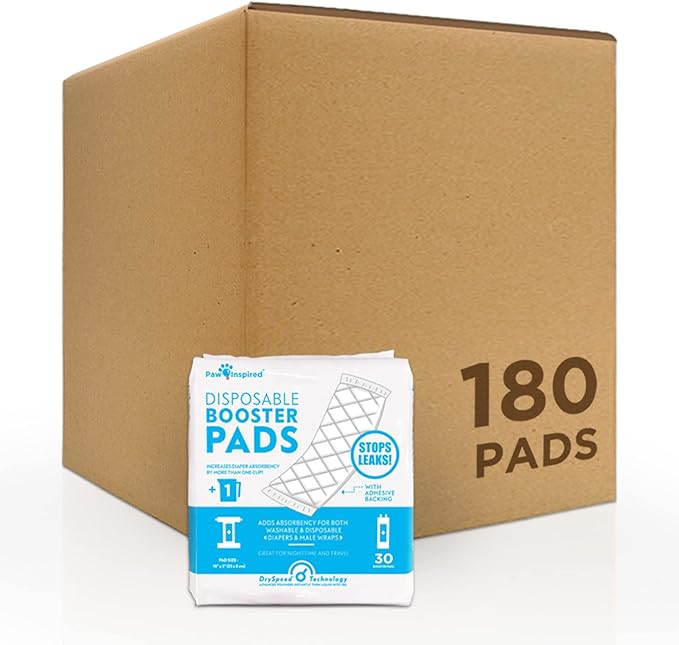 Paw Inspired Dog Diaper Pads | Booster Pad Inserts fit Most Female and Male Washable and Disposable Dog Diapers and Belly Bands | Adds Absorbency, Stops Leaks (180 Count)