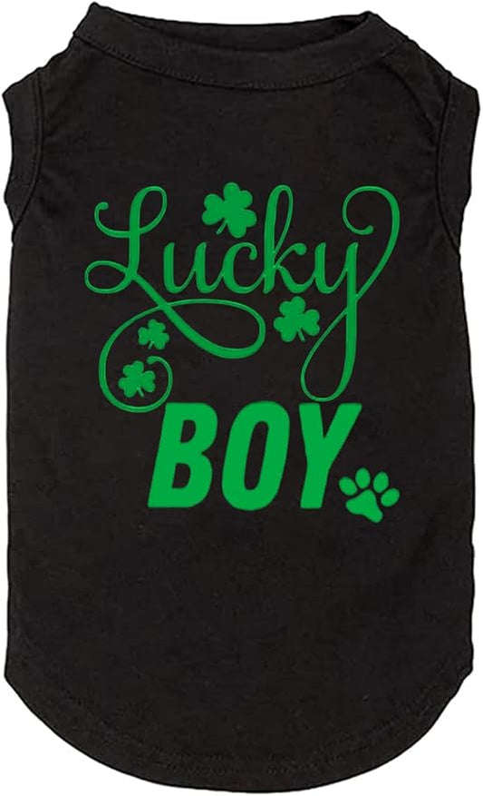 Dog Apparel Lucky Boy Letter Print Clover Shirts for Small Large Dog Vest Puppy Gift St Patrick's Day Costume(Small,Black01)