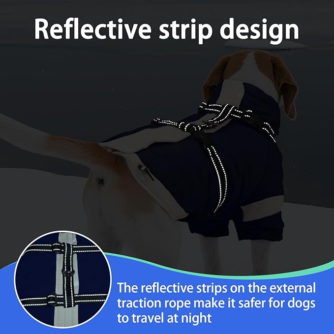MIGOHI Warm Dog Coat Waterproof Small Dog Jacket with Harness,Reflective Fleece Snowsuit for Dogs,Windproof Puppy Coats with Legs for Cold Weather,Adjustable Pet Clothes for Puppies,Xs,NavyBlue