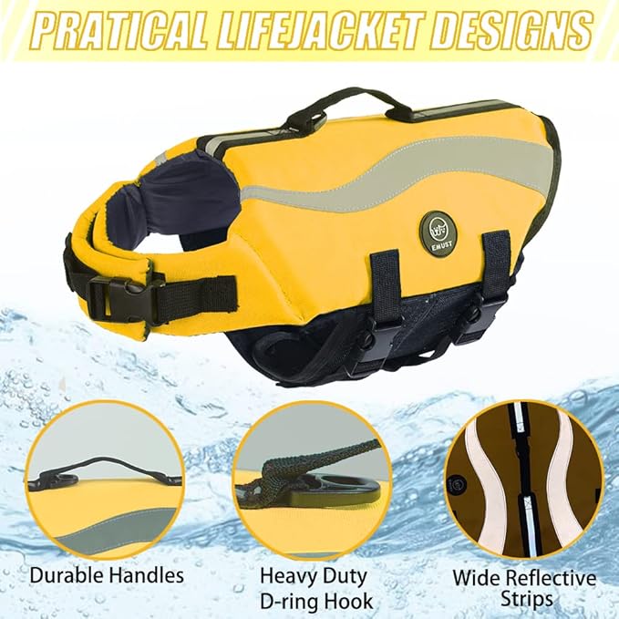 EMUST Life Jacket for Large Dogs, Dog Life Vest for Small/Medium/Large Dogs with Double Rescue Handles, High Reflective Dog Life Preserver for Swimming, Yellow,L