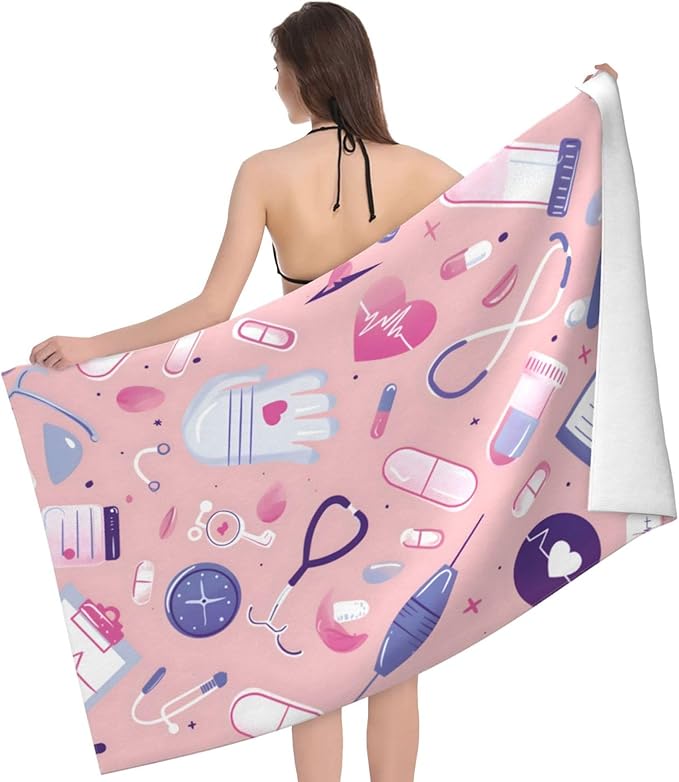 Nurse Pattern Beach Towel Pink Sand-Free Microfiber Bath Towel Ultra Soft Quick Dry Pool Towel Absorbent Towel Lightweight Towel Gifts for Outdoor Bathroom Swimming Decor 31inx51in