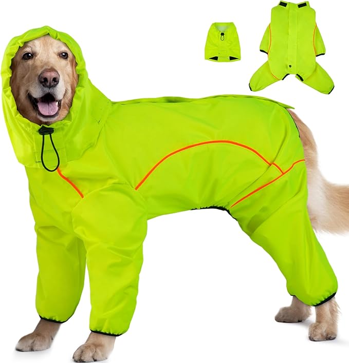 Dog Raincoat, Waterproof Dog Rain Jacket with Removable Hood，Adjustable 4 Legs Pet Poncho with Leash Hole，Reflective Stripe Hooded Snowproof Windproof Clothes for Small to 3X-Large Dogs, XL