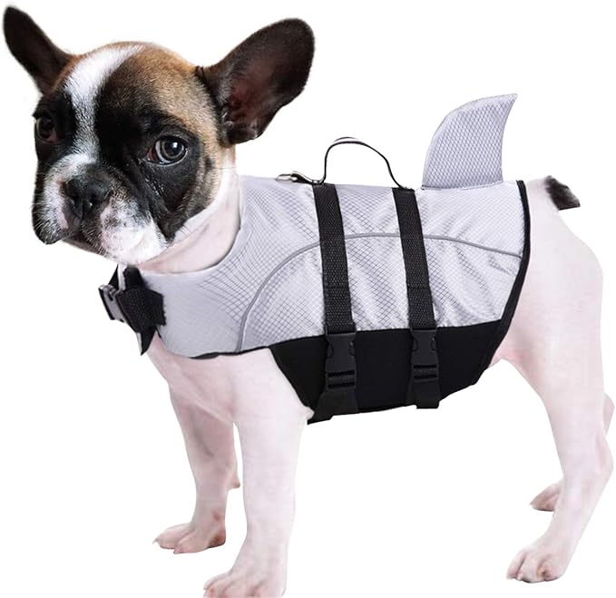 Queenmore Ripstop Dog Life Jacket Shark Life Vest for Dogs, Safety Lifesaver with High Buoyancy and Lift Handle for Small and Medium Breeds（Grey M）