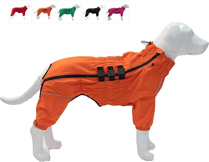 Lovelonglong Waterproof Dog Raincoat – 4-Leg Full Body Dog Rain Suit with Reflective Strips & Leash Opening, Outdoor Dog Jacket for Rainy Weather