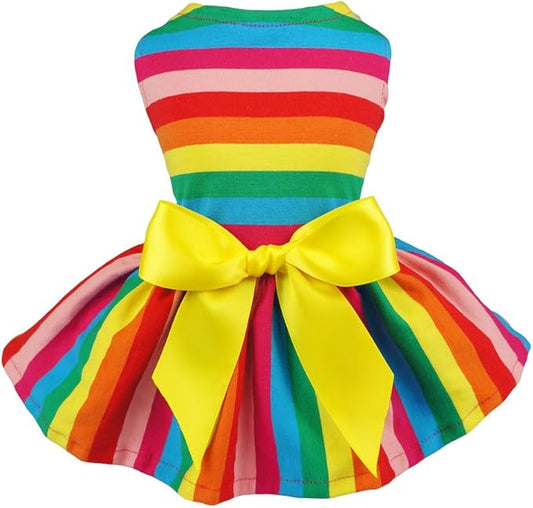 Fitwarm Rainbow Striped Dog Dress, Summer Dog Clothes for Small Dogs Girl, Pet Cat Outfit, 100% Breathable Cotton, Red Yellow Blue, Medium