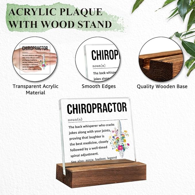 Chiropractor Definition Acrylic Sign with Wood Stand, Spine PT Top Chiropractor Gifts, Chiropractic Sign Gifts, Funny Office Living Room Desk Plaque Decor for Spine Doctor
