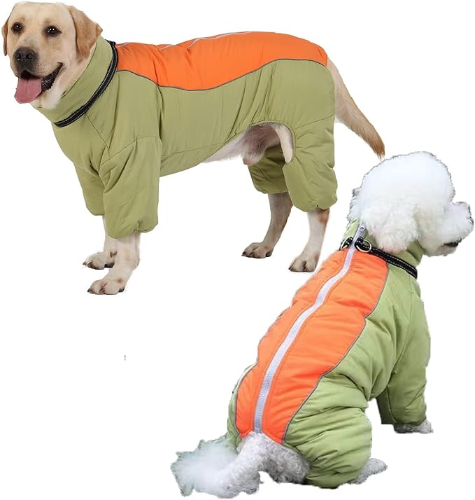 Toasty Warm 4-Legged Dog Snowsuit with Leash Ring, Reflective Zip Up Dog Winter Coat, Windproof Fleece Lining Dog Jumpsuit Jacket, LightGreen,12