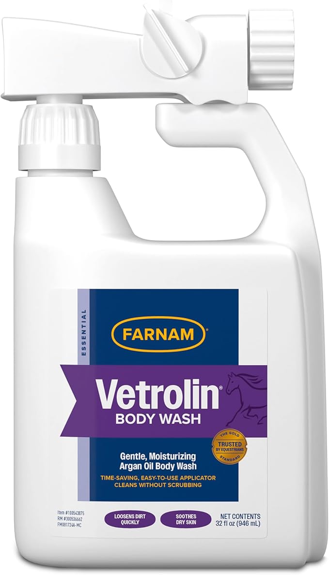Farnam Vetrolin Body Wash, Time-Saving with No Scrubbing, Gentle and Moisturizing with Argan Oil, Soothes Dry Skin, for Horses and Dogs, 32 fl oz.