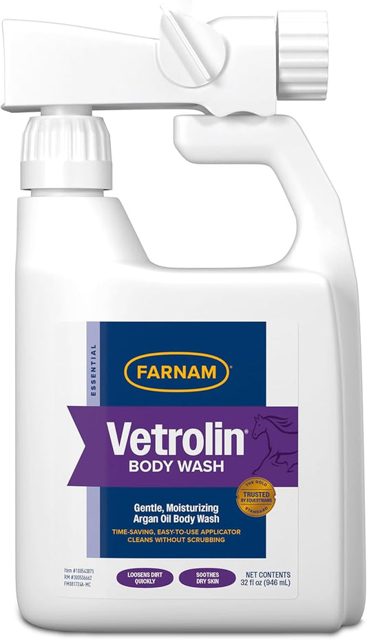 Farnam Vetrolin Body Wash, Time-Saving with No Scrubbing, Gentle and Moisturizing with Argan Oil, Soothes Dry Skin, for Horses and Dogs, 32 fl oz.