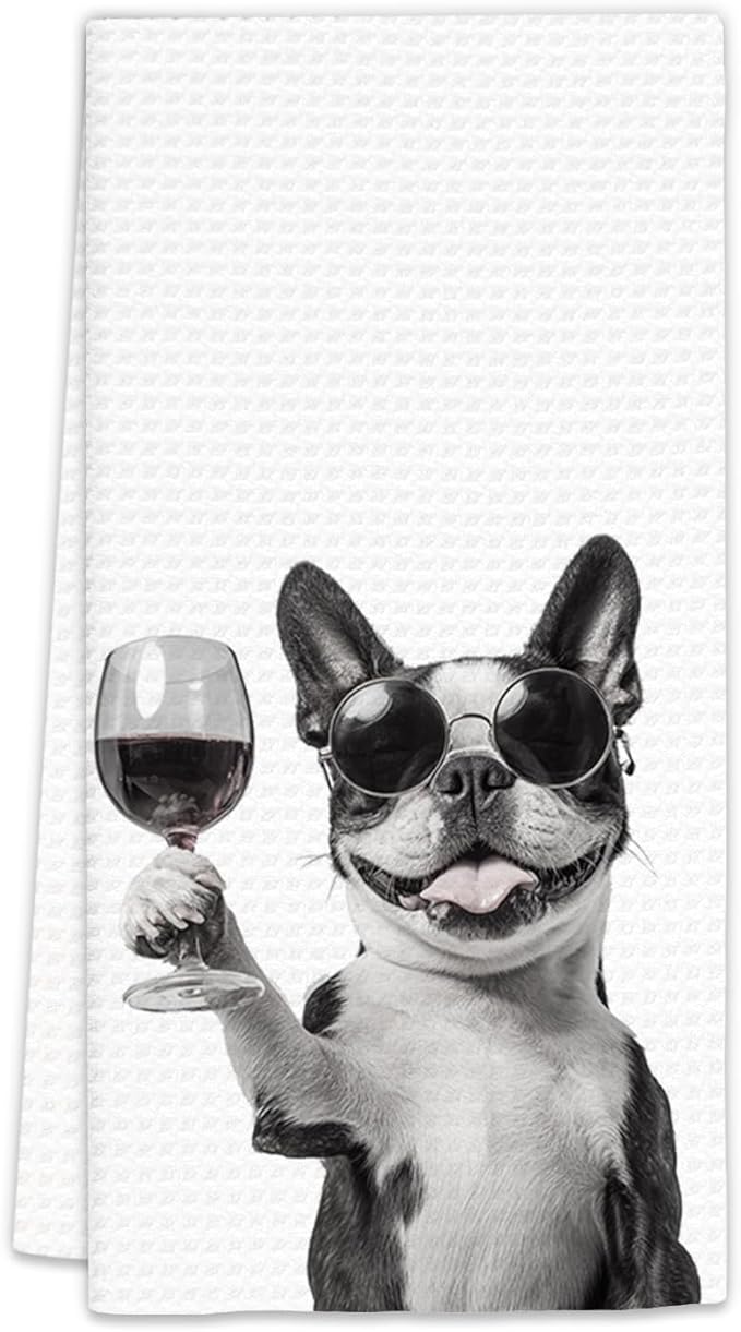 Boston Terrier Gifts Wine Dog Kitchen Towels, Gifts for Boston Terrier Dog Wine Lovers Decorative Hand Dish Towel for Kitchen Home Bar,Funny BostonTerrier Dogs Home Bar Kitchens Decor(16x24Inch)