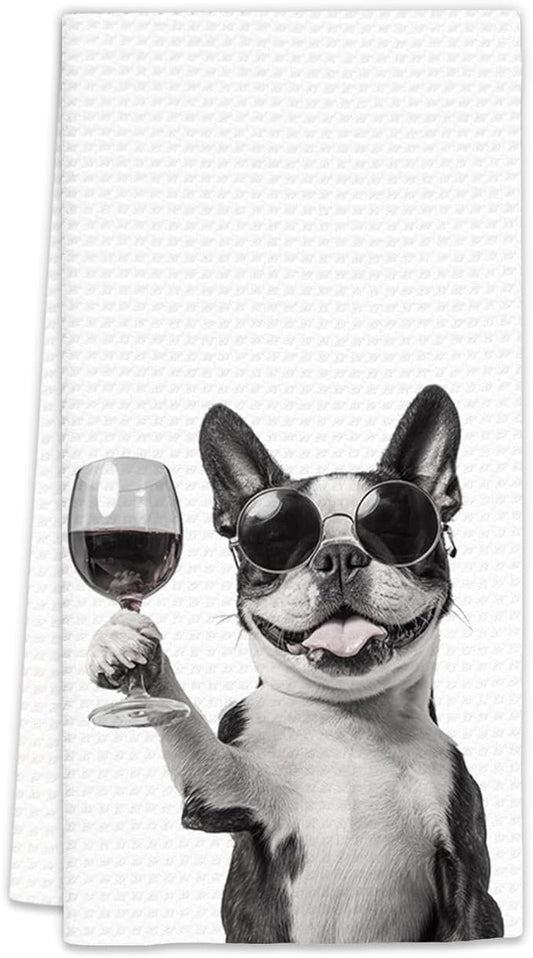 Boston Terrier Gifts Wine Dog Kitchen Towels, Gifts for Boston Terrier Dog Wine Lovers Decorative Hand Dish Towel for Kitchen Home Bar,Funny BostonTerrier Dogs Home Bar Kitchens Decor(16x24Inch)