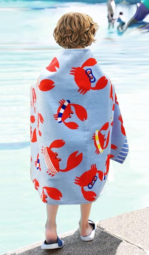 YIFONTIN Beach Towel for Kids Velour Terry Blanket Throw 100% Cotton 25.5X51 inches for Swimming Bath Travel Camping and Picnic, Red Crab.