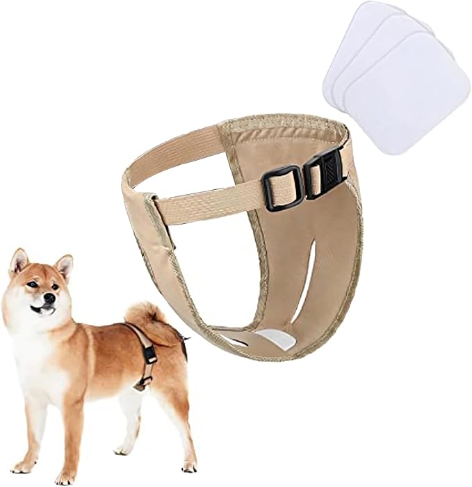 Dog Pants with 3 Replace Diaper, Reusable Diapers Adjustable Dog Panties for Dogs in Heat Brown L