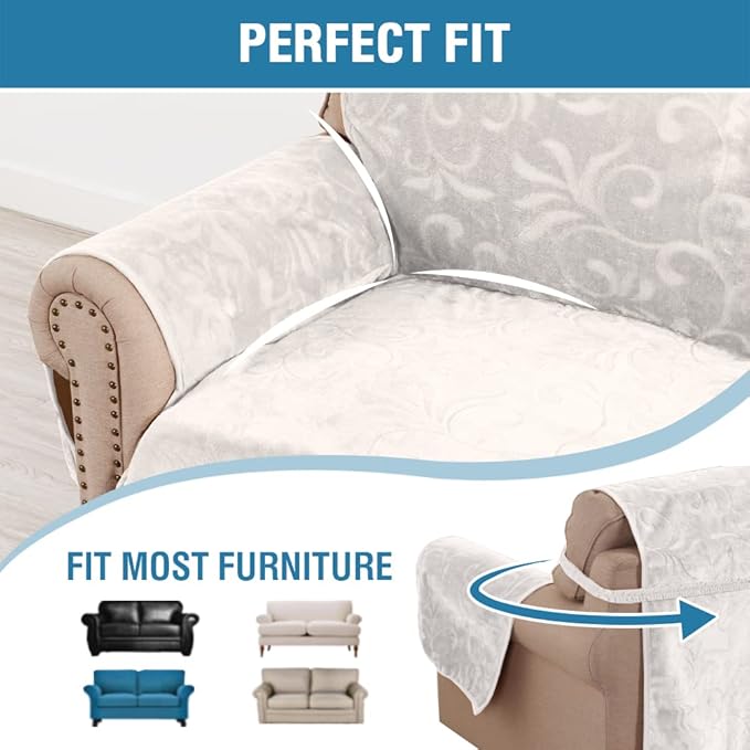 H.VERSAILTEX Sofa Slipcover 100% Waterproof Couch Cover Velvet Classic Flower Pattern Furniture Protector Non Slip with Elastic Straps for Pets Dogs Width Up to 52 Inch (Medium Sofa, Ivory)