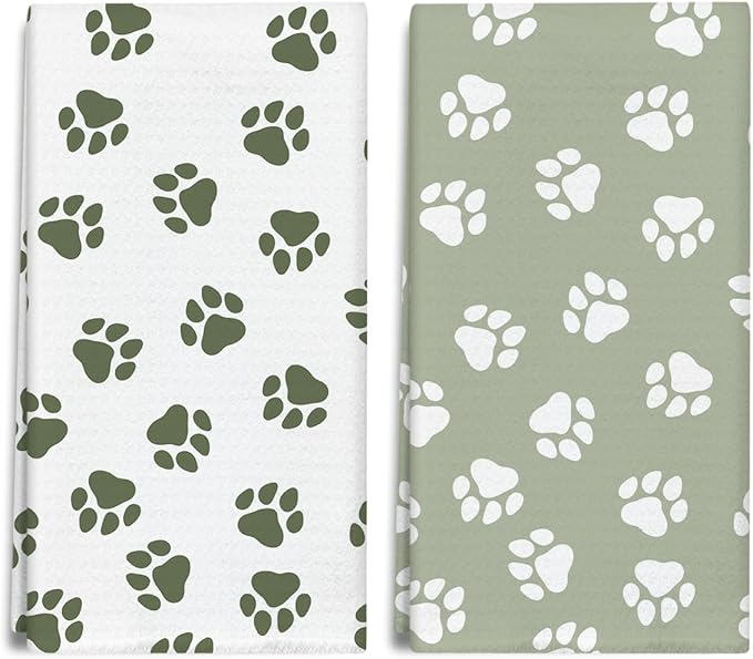 Sage Green Dog Paw Print Kitchen Towels and Dishcloths Set of 2, Cute Decorative Hand Towel Drying Cloth for Bathroom, Gifts for Dog Lovers, Hostess, Women, 16x24 Inches -19