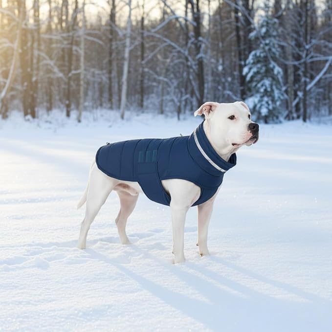 Mklhgty Waterproof Dog Coat for Medium and Large Dogs, Warm Dog Winter Jacket, Reflective Windproof Turtleneck Coats with Adjustable Hook & Loop - Blue - L
