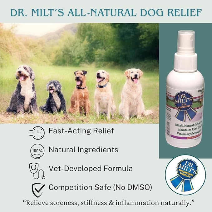 Dr. Milt's Dog Hip and Joint Pain Relief Spray, Topical Magnesium Sulfate & Arnica Ointment. Reduces Inflammation, Lessens Tenderness and Alleviates Nervousness. 1-4oz Spray