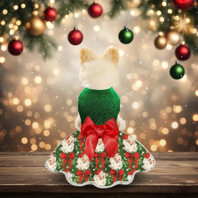Christmas Dog Dress, Festive Holiday Pet Outfit, Shiny Green Top with Glittery Red Bow and Santa Claus Print Skirt for Boys and Girls Small Puppies