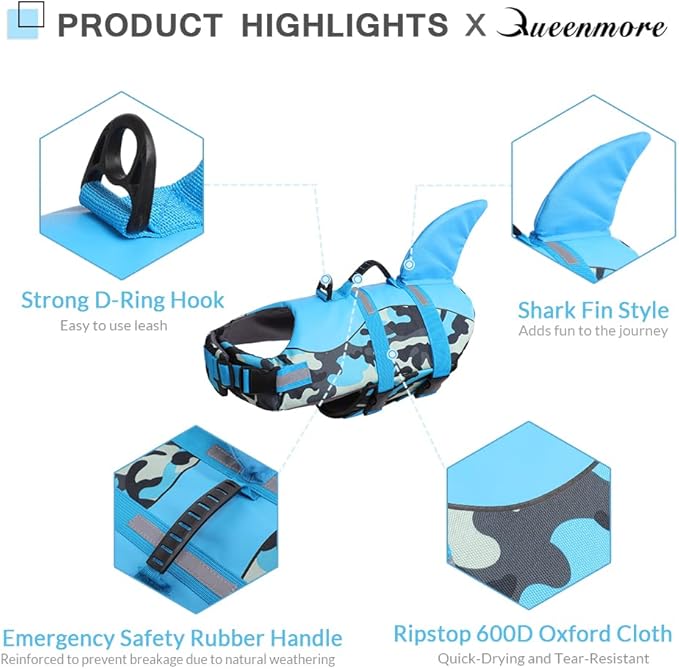 Queenmore Dog Life Jacket Ripstop Dog Shark Safety Vest Adjustable Preserver with High Buoyancy and Durable Rescue Handle for Small,Medium,Large Dogs, Blue Camouflage XX-Large