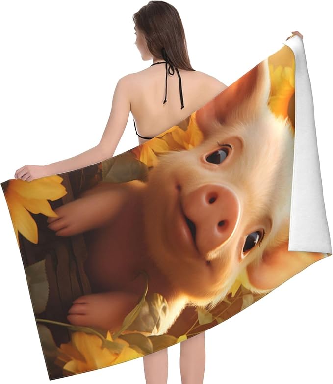 Sunflower Pig Beach Towel Cute Animal Sand-Free Microfiber Bath Towel Ultra Soft Quick Dry Pool Towel Absorbent Towel Lightweight Towel for Outdoor Bathroom Swimming Decor 31inx51in