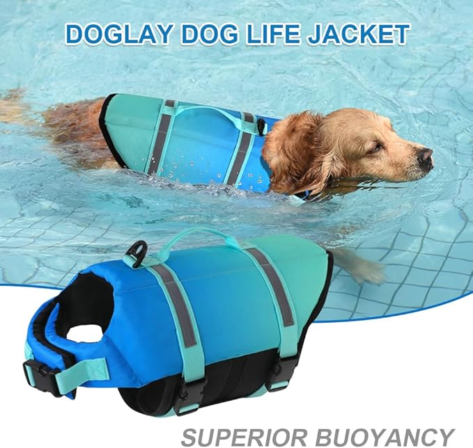 Doglay Dog Life Jacket, Dog Life Vest for Swimming Boating, Adjustable Puppy Life Jacket with Reflective Stripes, Superior Buoyancy Pet Swimming Vest for Small Medium and Large Dogs