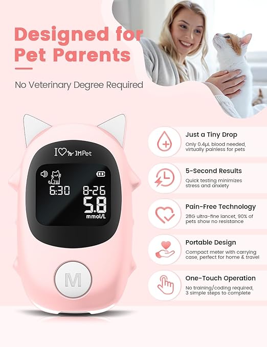 IMPet Glucose Monitoring Kit for Dogs & Cats, Pet Blood Sugar Monitor with Pain-Free & Easy Shuttle, No-Coding Kits with 50 Strips, 50 Lancets and 1 Pet-Specific Lancing Device
