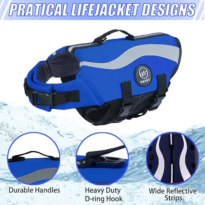 EMUST Life Jacket for Large Dogs, Dog Life Vest for Small/Medium/Large Dogs with Double Rescue Handles, High Reflective Dog Life Preserver for Swimming, Royal Blue,L