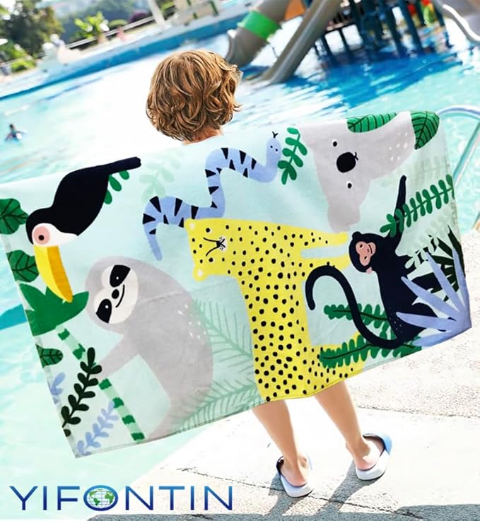 YIFONTIN Kids Beach Towel Velour Terry Blanket Throw 100% Cotton 25.5X51 inches for Swimming Bath Travel Camping and Picnic, Leopard Monkey Koala Ramphastos Taco.
