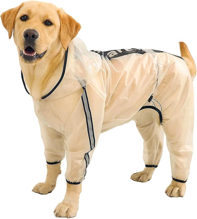 Olsa Dog Raincoat, Dog Hooded Slicker Poncho, 4 Legs Rain Jacket with Reflective Stripe, Transparent Water Proof Resistant Rain Snow Clothes for Small Medium Large