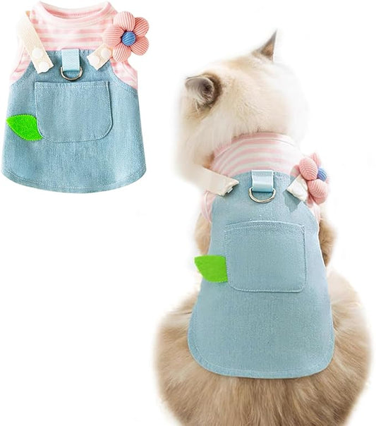 ANIAC Denim Small Puppy Dress 3D Flowers Girl Dog Clothes with D-Ring and Pocket Striped Female Cat Harness Dresses Shih Tzu Yorkies Chihuahua Outfits Summer Pet Clothing (Large, 3D Pink Flowers)