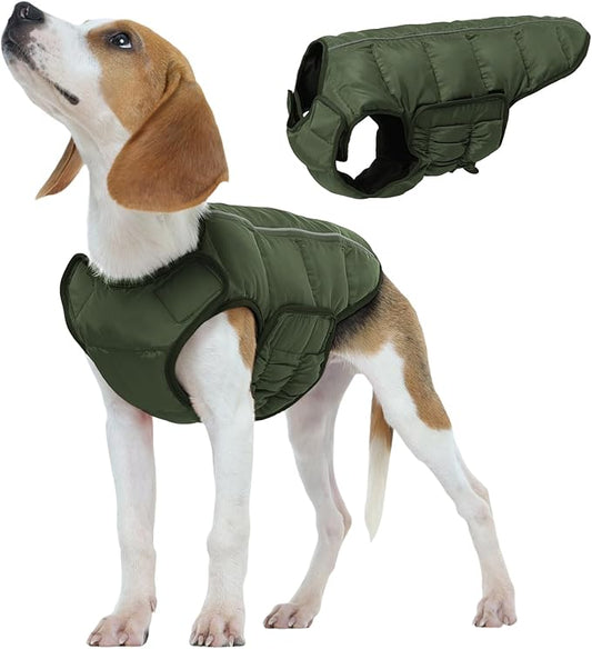Kuoser Dog Puffer Jacket Warm Dog Coat for Small Medium Dogs, Windproof Reflective Pet Padded Vest Cold Weather Clothes Puppy Snowsuit with Hook & Loop Coats, Easy On/Off, Green M