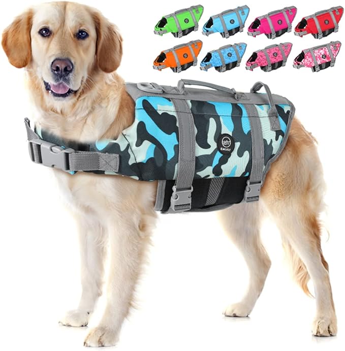EMUST Dog Life Preserver, Dog Life Vests for Swimming, Beach Boating with High Buoyancy, Pet Flotation Vest for Small/Medium/Large Dogs, L, NewBlueCamouflage