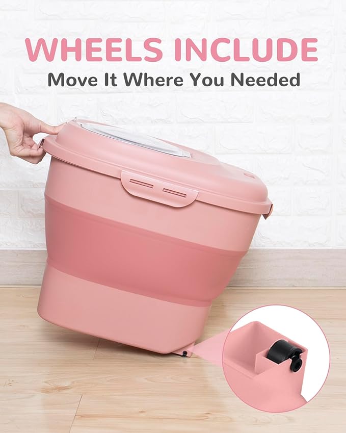 30-35 Lbs Dog Food Storage Container Collapsible Dog Food Container with Airtight Lids, Wheels, Scoop and 2pcs Food Storage Containers, Large Pet food storage for Dog, Cat (Pink)