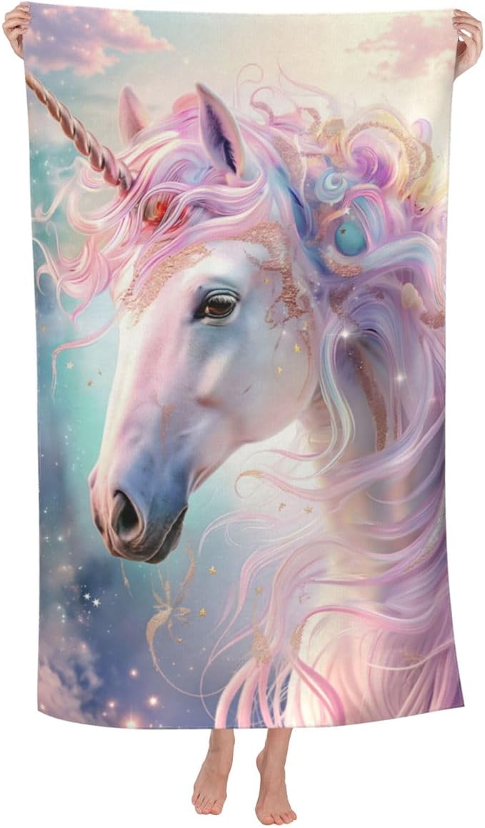 Unicorn Beach Towel 31inx51in, Cute Sand-Free Microfiber Bath Towel Ultra Soft Quick Dry Pool Towel Absorbent Towel Lightweight Towel for Swimming Bathroom Decor