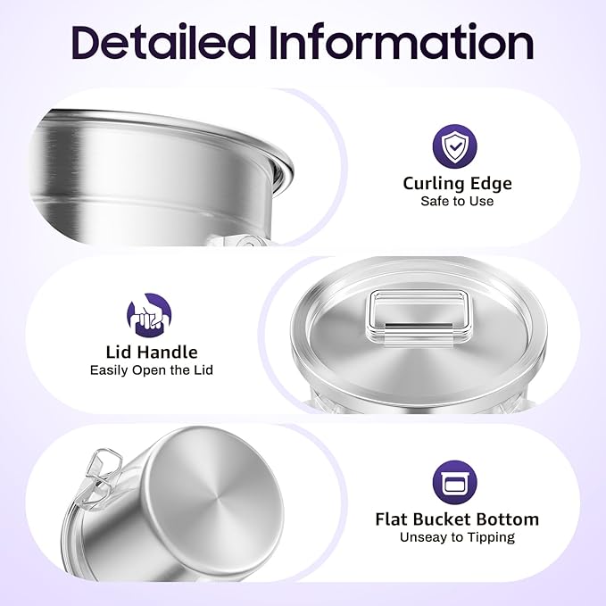 6L Stainless Steel Airtight Canister Rice Cereal Grain Canisters Container Food Oil Sugar Milk Storage Bucket w/Handles+Lid Cylinder Jar for Household Kitchen Bar Restaurants Silver (6L)