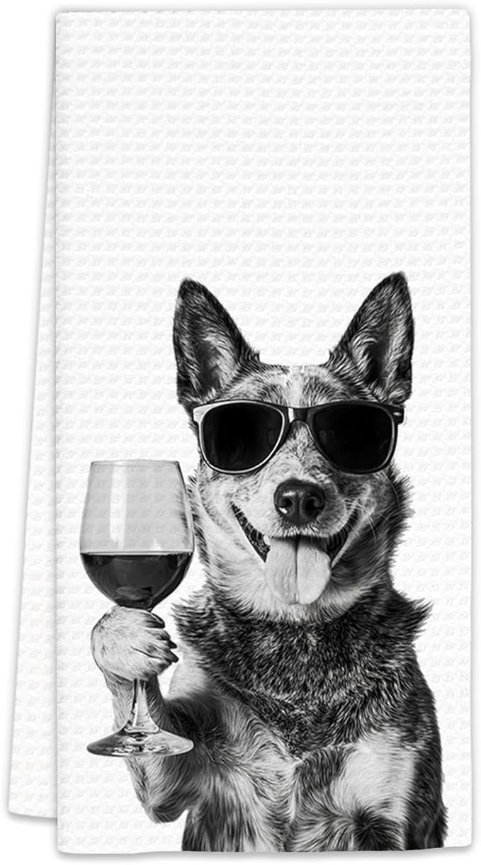 Blue Heeler Gifts Wine Kitchen Towels, Gifts for Blue Heeler Dog Wine Lovers Decorative Hand Dish Tea Towel for Kitchen Home Bar, Funny BlueHeeler Dog WineLover Home Bar Kitchens Decor(16x24In)