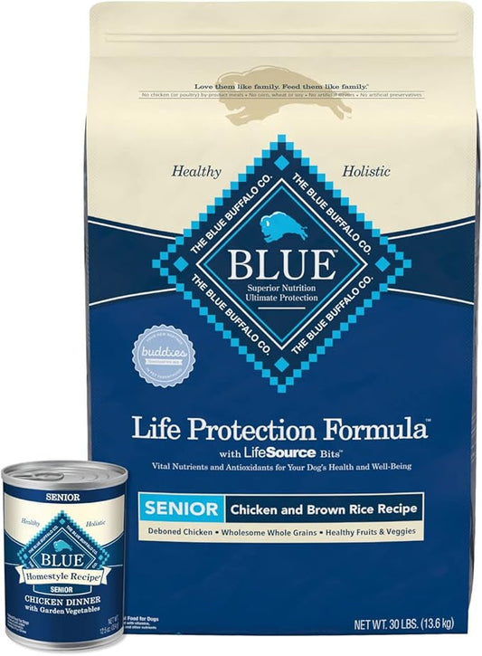 Blue Buffalo Life Protection Formula Natural Senior Dog Food Bundle, Dry Dog Food and Wet Dog Food, Chicken (30-lb Dry Food + 12.5oz cans 12ct)