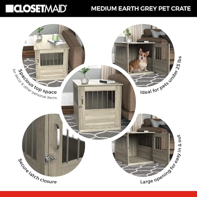 ClosetMaid Pet Crate End Table Furniture for Medium Dogs or Cats Under 25 lbs, Earth Gray Wood Grain Finish