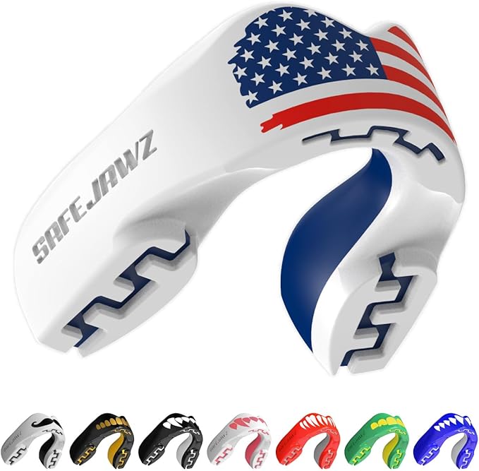 SAFEJAWZ Mouth Guard, Dual Layer Mouthguard for Adults with Case, Easy Fit Remoldable Mouthpiece for Football, Boxing, Lacrosse, MMA, Basketball & All Contact Sports (Adult 12+ Years, American Flag)