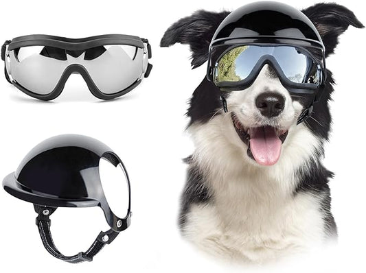 Dog Goggles and Helmet Set - Anti-dust UV Protection Sunglasses, Durable Motorcycle Helmet With Ear Hole, Adjustable Pet Glasses for Medium to Large Dogs - Black