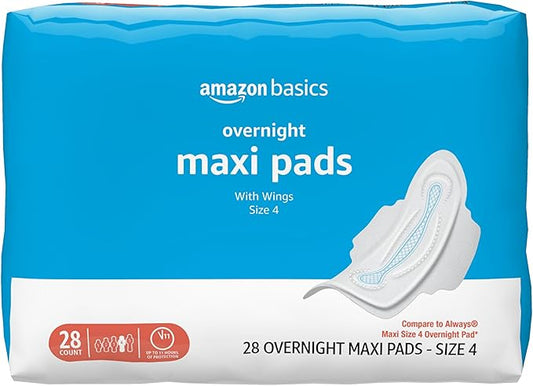 Amazon Basics Thick Maxi Pads with Wings for Periods, Overnight Absorbency, Leak Protection, Super Absorbent, Unscented, Size 4, 28 Count