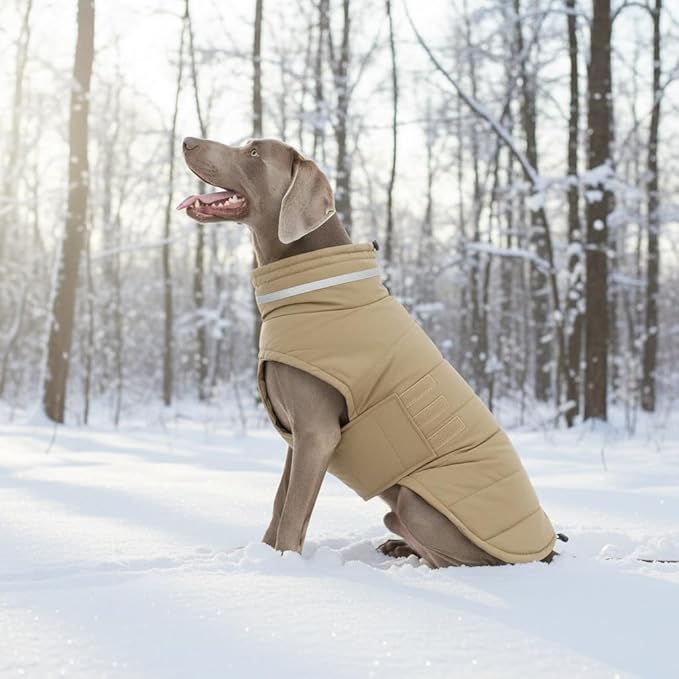 Mklhgty Waterproof Dog Coat for Small Dogs, Warm Dog Winter Jacket, Reflective Windproof Turtleneck Dog Cold Weather Coats with Adjustable Hook & Loop - Khaki - S