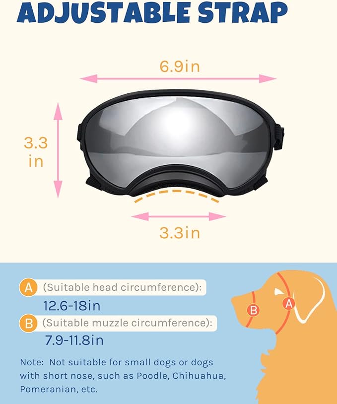 Large Dog Sunglasses, Dog Goggles Large Breed and Medium, UV Protection, Windproof, Dustproof and Snowproof. Shatterproof Lens, Adjustable Strap